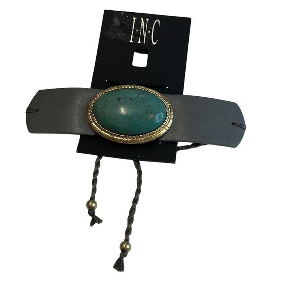 INC International Concepts Gray Leather Bracelet w/ Gold Details & Green Gem NWT - Picture 1 of 5